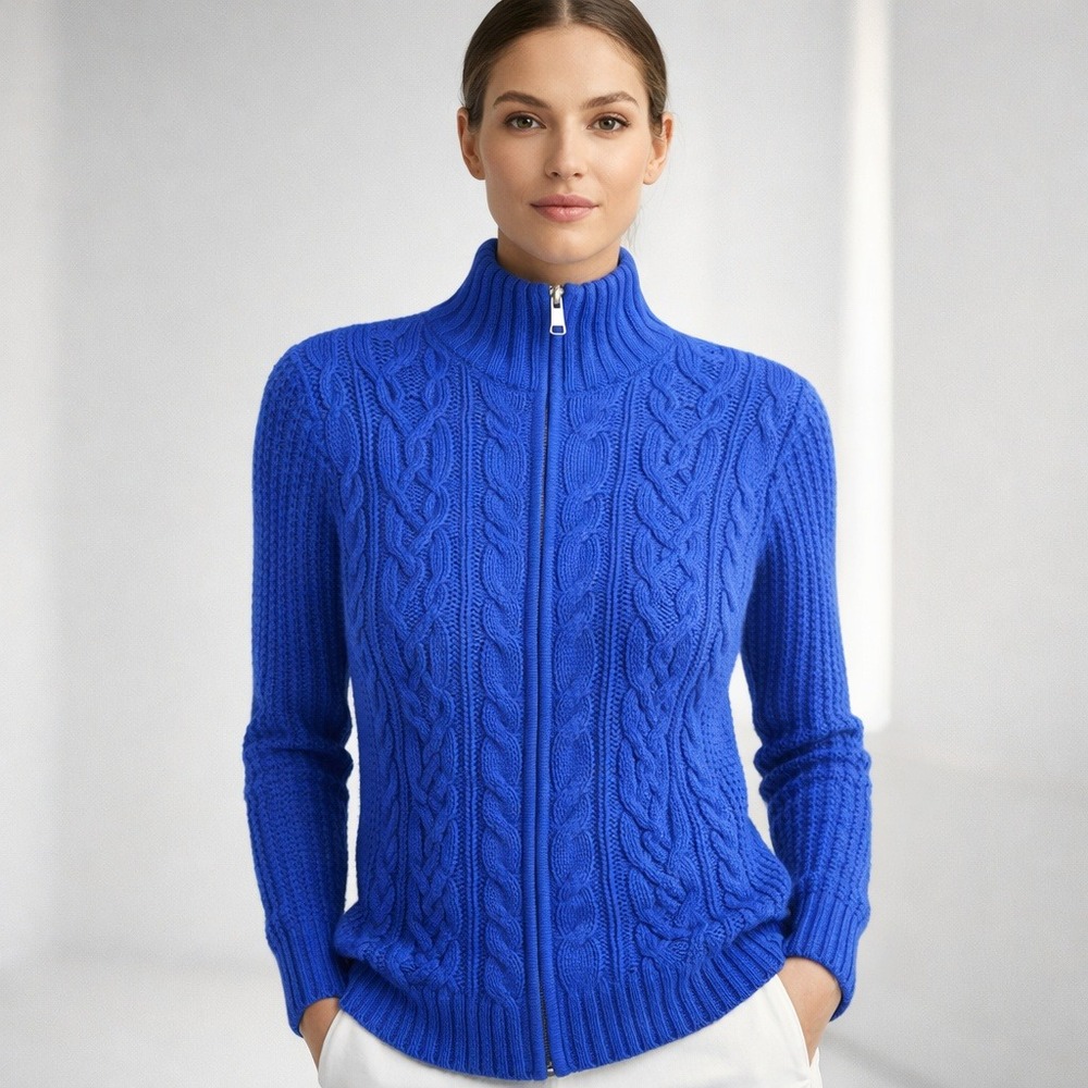 Y2K Ralph Lauren Jeans Co Cable‎ Knit Full Zip Sweater Blue L Cotton Blend